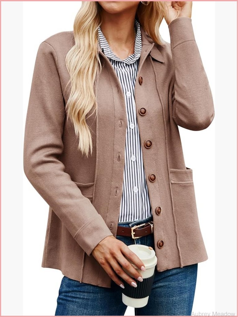 Knit Button Down Cardigan Sweater Blazer With Pockets Long Sleeve